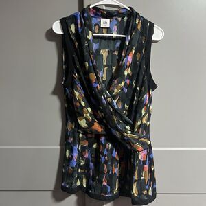 Cabi Women Flaunt Faux Wrap Dotted Abstract Sleeveless V-Neck Top Medium Artsy